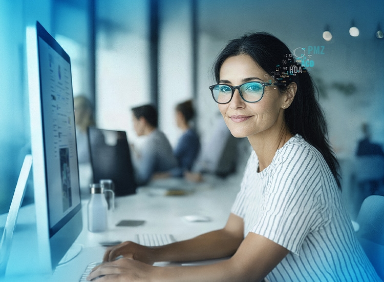 Vrouw met Rodenstock-brillenglazen, zittend aan een bureau achter een computer