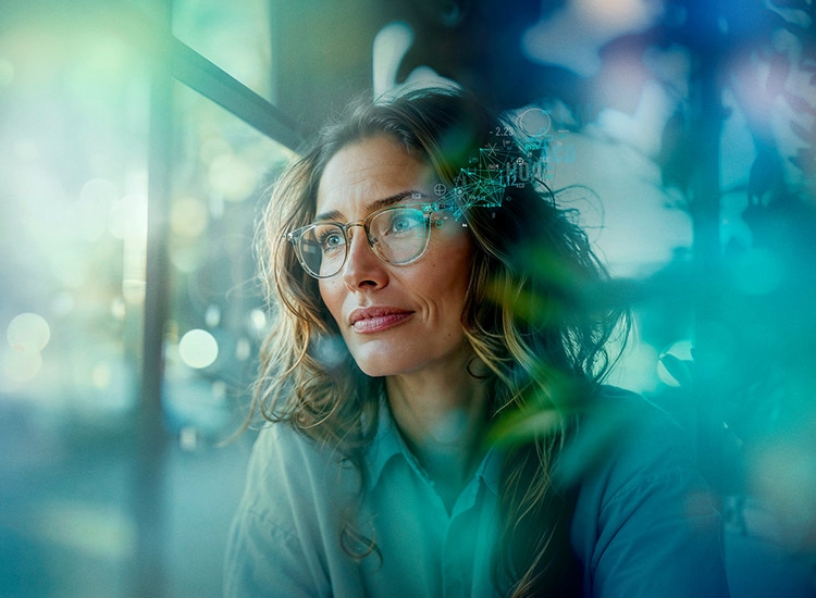 woman with biometic lenses looking out of a window
